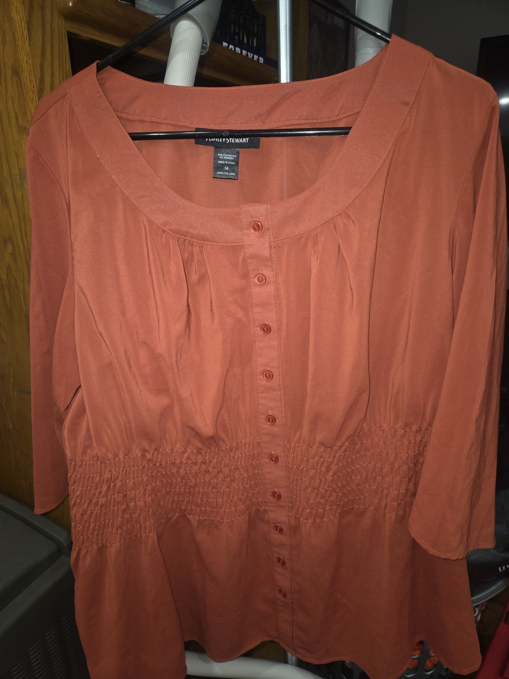 LOFT Rust-Orange Button-Front Smocked-Waist Blouse